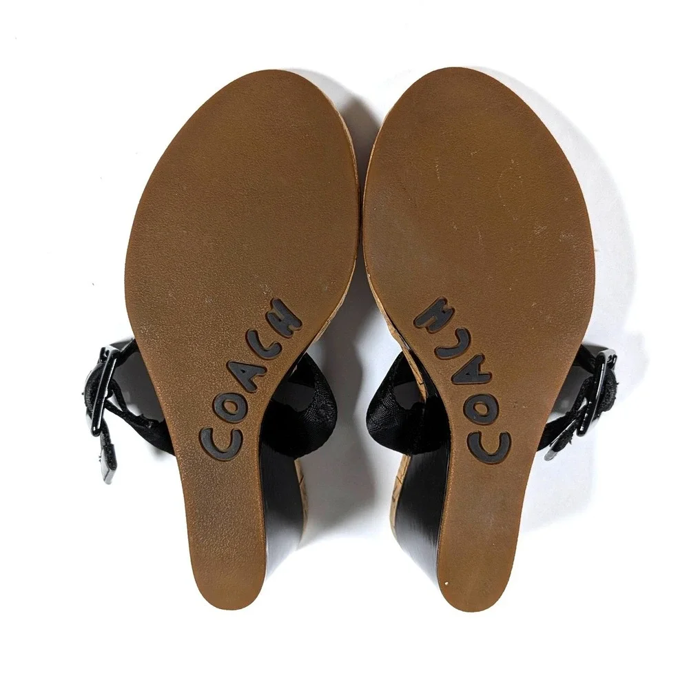 Coach Bernadette Black Patent Leather Cork Wedge Thong Sandals Y2K Coastal 6.5B